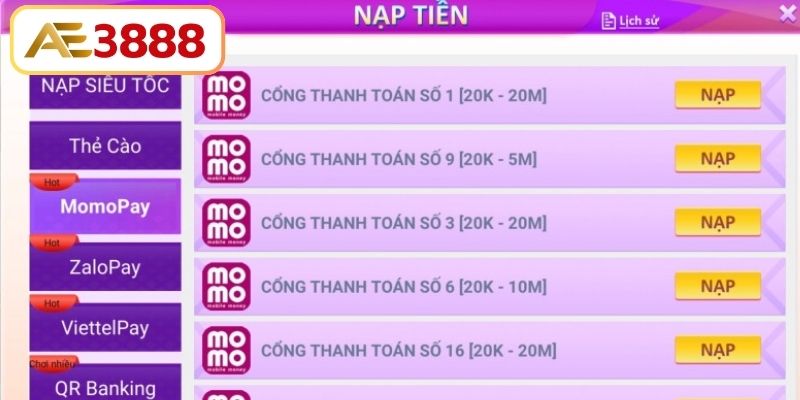 Quá trình nạp tiền đơn giản cho tất cả người chơi